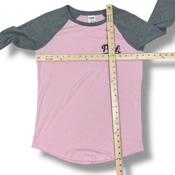 Victorias Secret Pink Sequin Logo Baseball Tee Shirt Pink Grey Medium - Picture 11 of 12